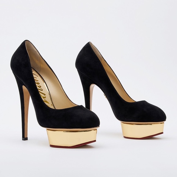 $1,100 Charlotte Olympia Dolly Black Leather pumps gold stilettos heels revolve - Picture 2 of 9